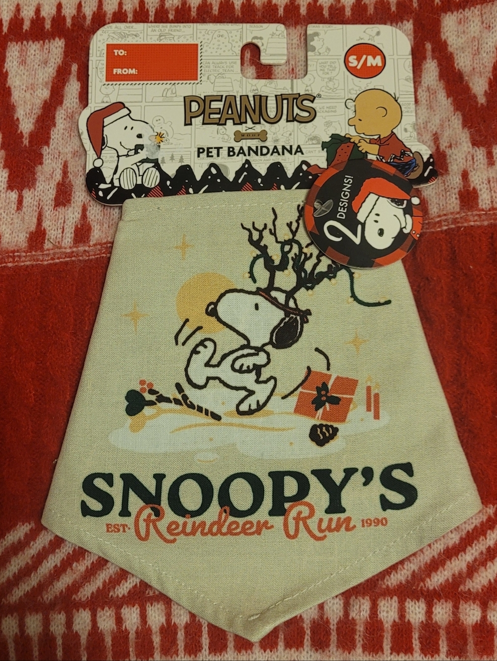 Peanuts, Snoopy Reindeer Run Bandana, Cream And Green